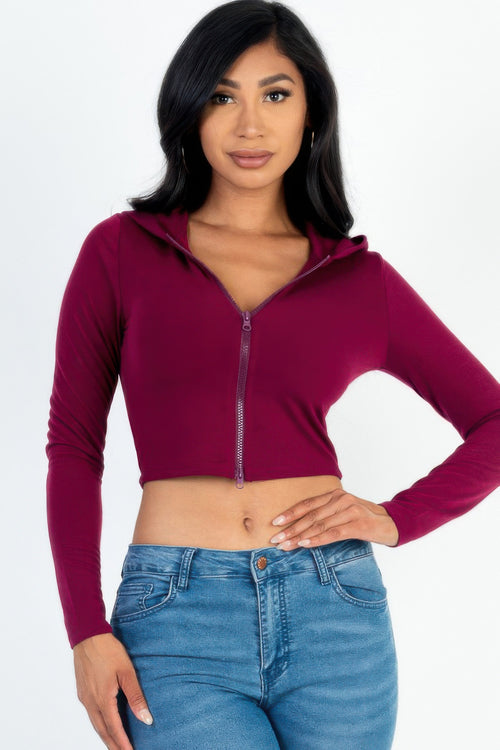 Burgundy cropped French terry zip-up hoodie, front view