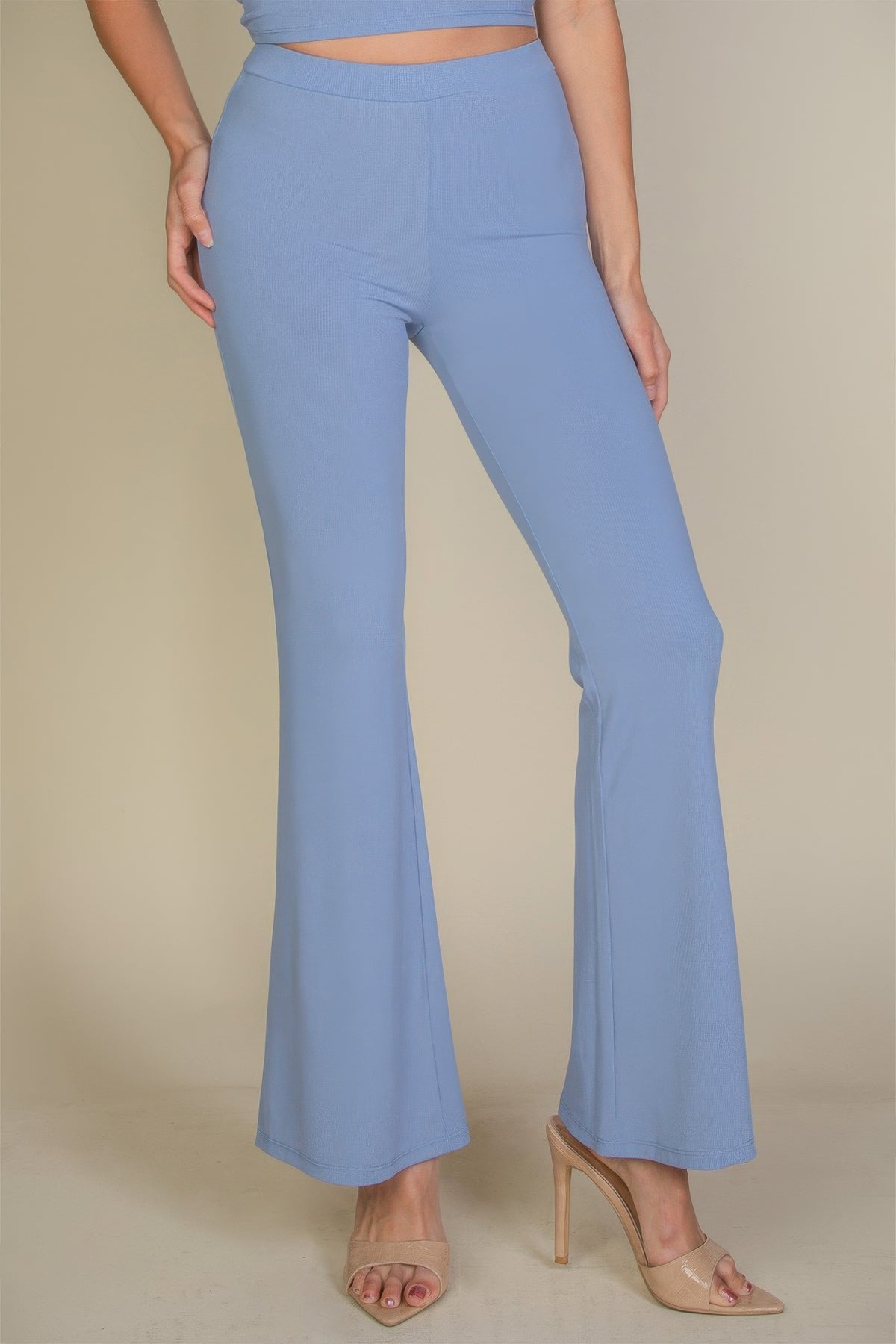 Cloud blue high waisted flare pants, front view