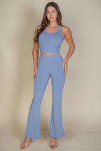 Cloud blue high waisted flare pants, side view