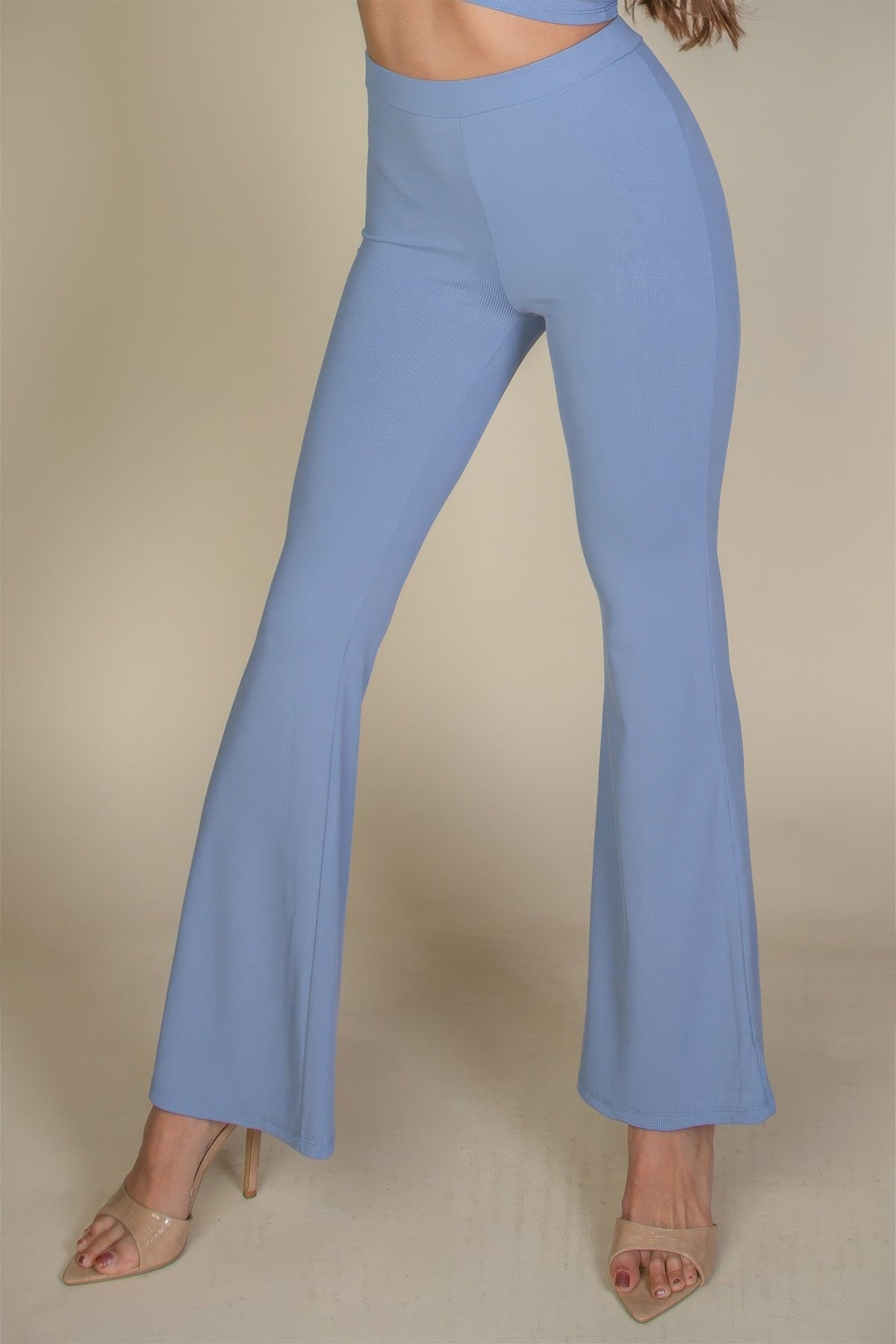 Cloud blue high waisted flare pants, full outfit view