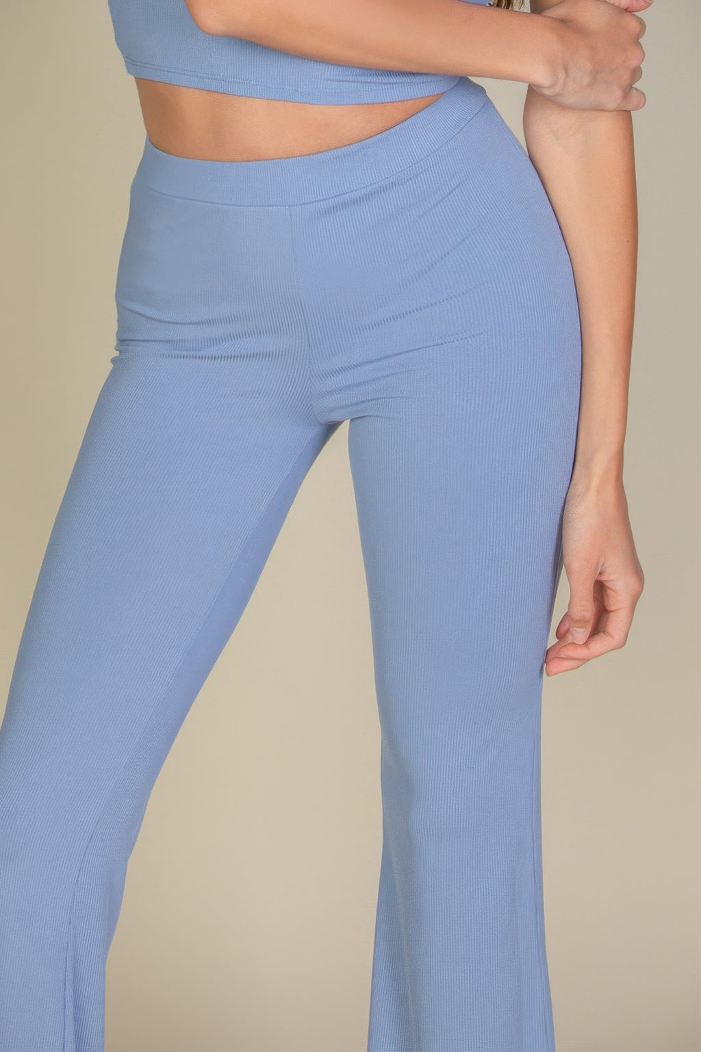 Cloud blue high waisted flare pants, waist detail
