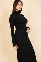 Black mock neck crop top and maxi skirt, close three-quarter view