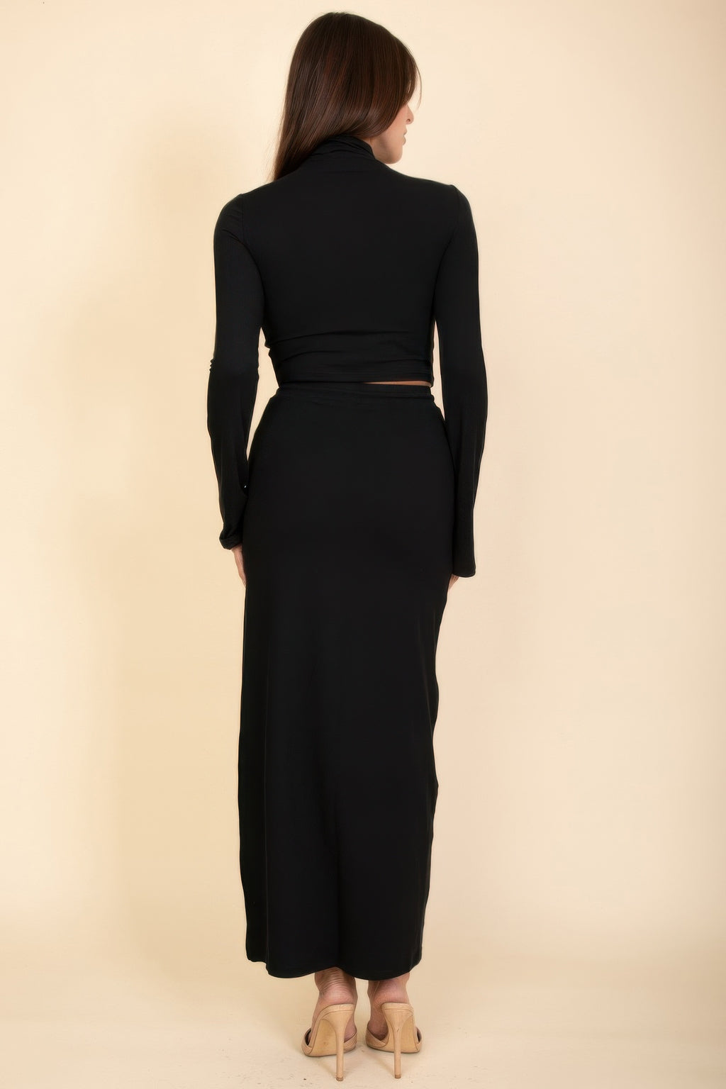 Black knit maxi skirt set, back view