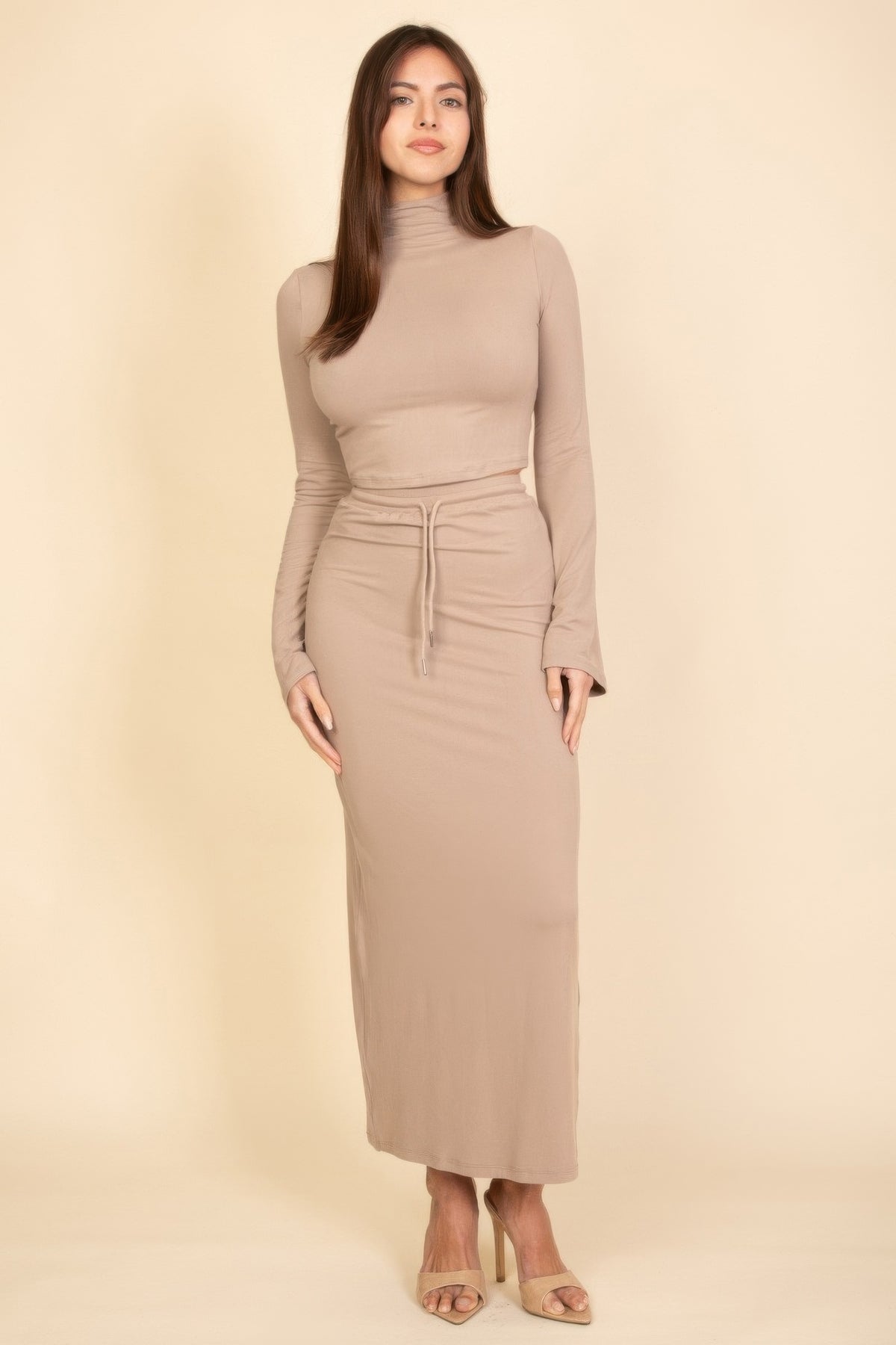 Taupe mock neck crop top and maxi skirt set, front view