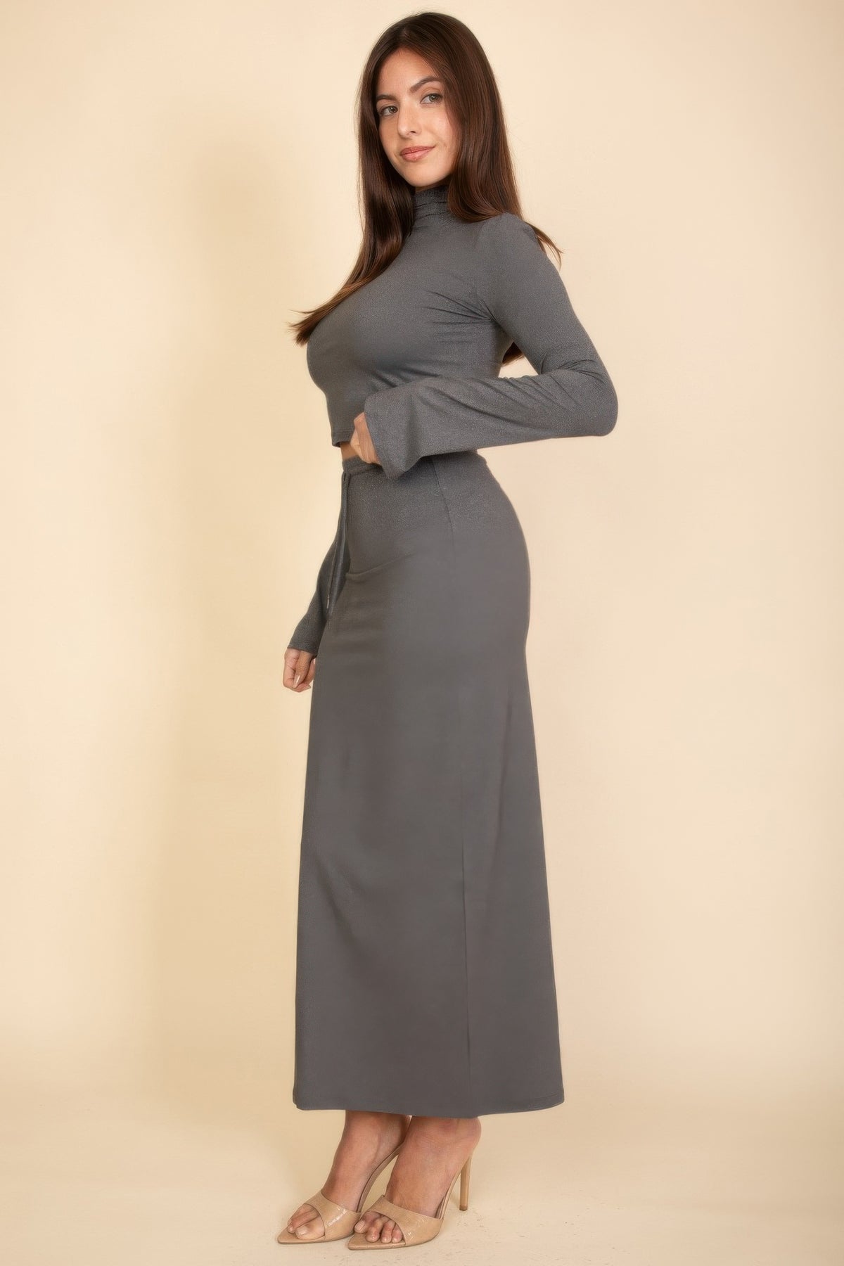 Heather grey knit maxi skirt set, side view