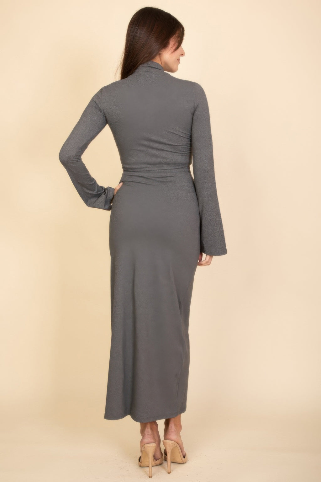 Heather grey bell sleeve crop top and maxi skirt set, back view