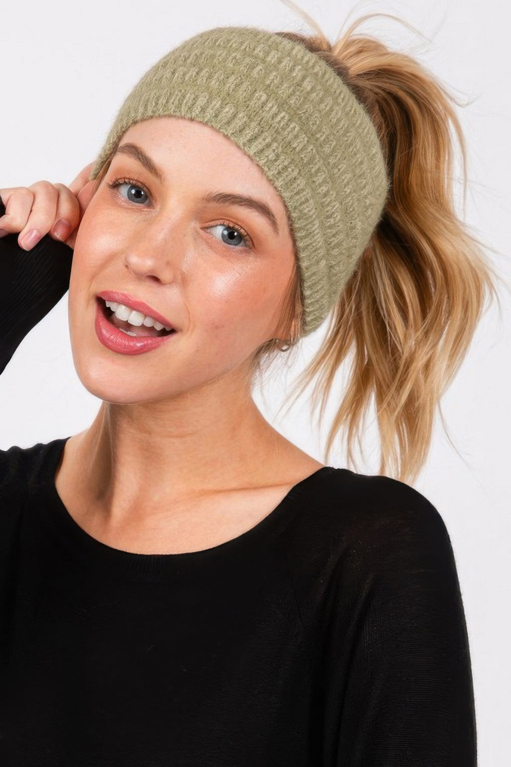 Fuzzy Cable Knit Ear Warmer Headband in Olive, photo 2