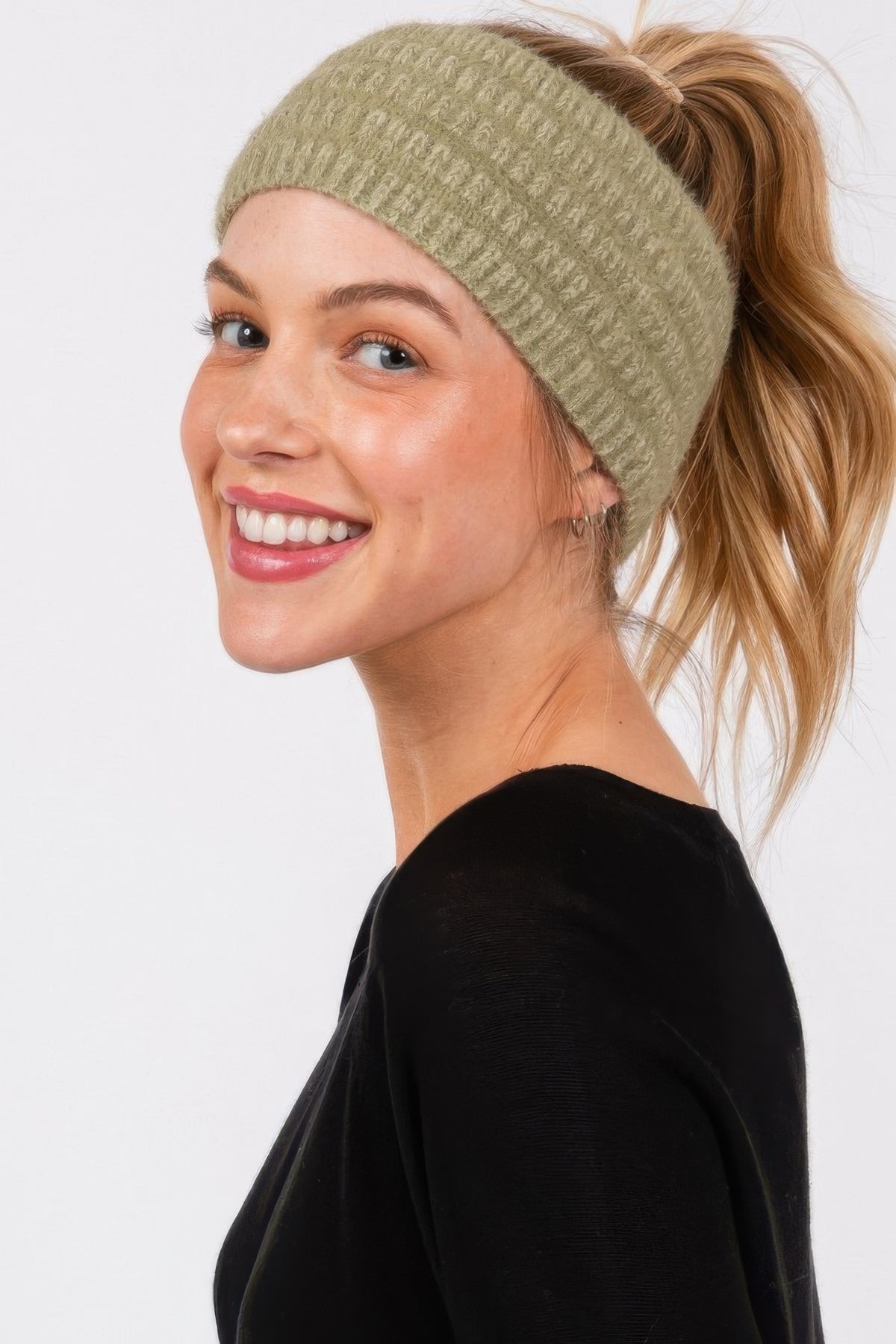 Fuzzy Cable Knit Ear Warmer Headband in Olive, photo 3