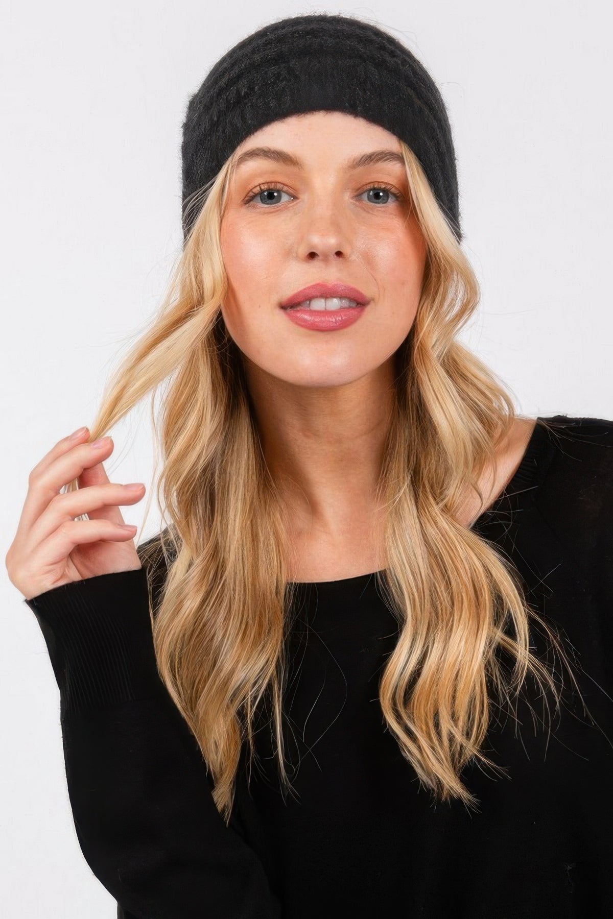 Fuzzy Cable Knit Ear Warmer Headband in Black