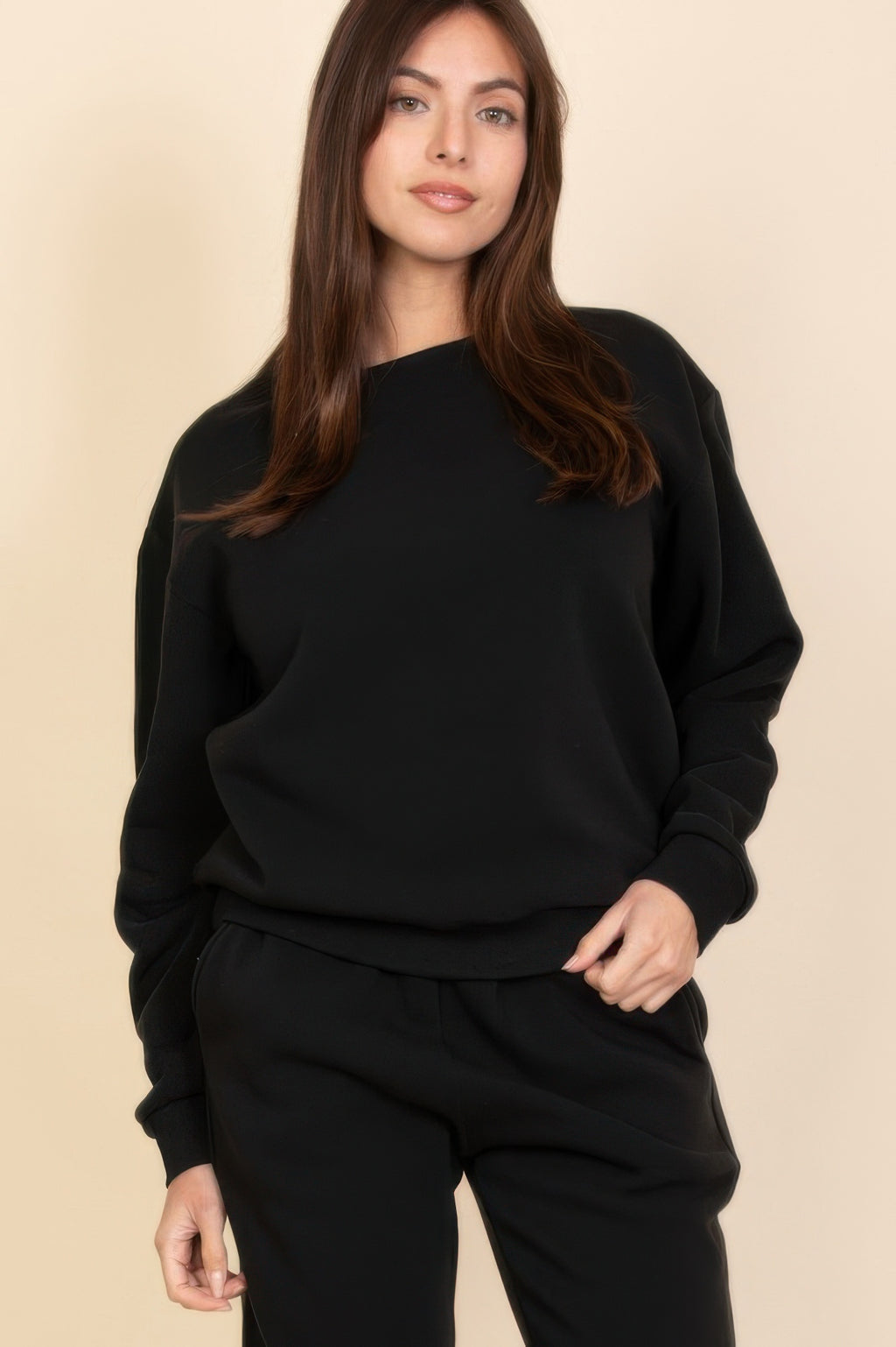 Black relaxed fleece crewneck sweatshirt, front view