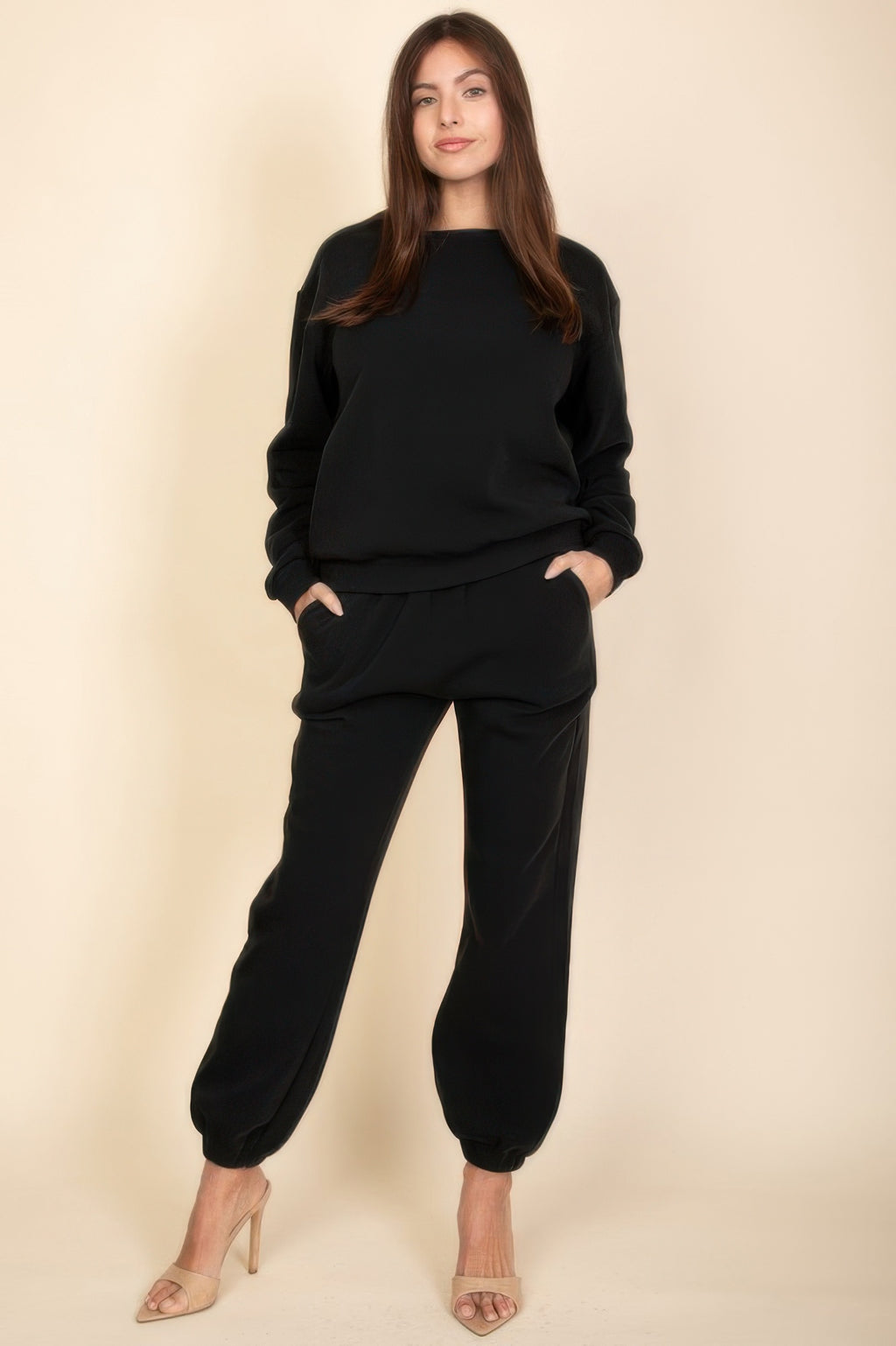 Black fleece crewneck sweatshirt, full outfit view