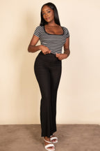 Striped Square Neck Baby Tee in black and white, full length view