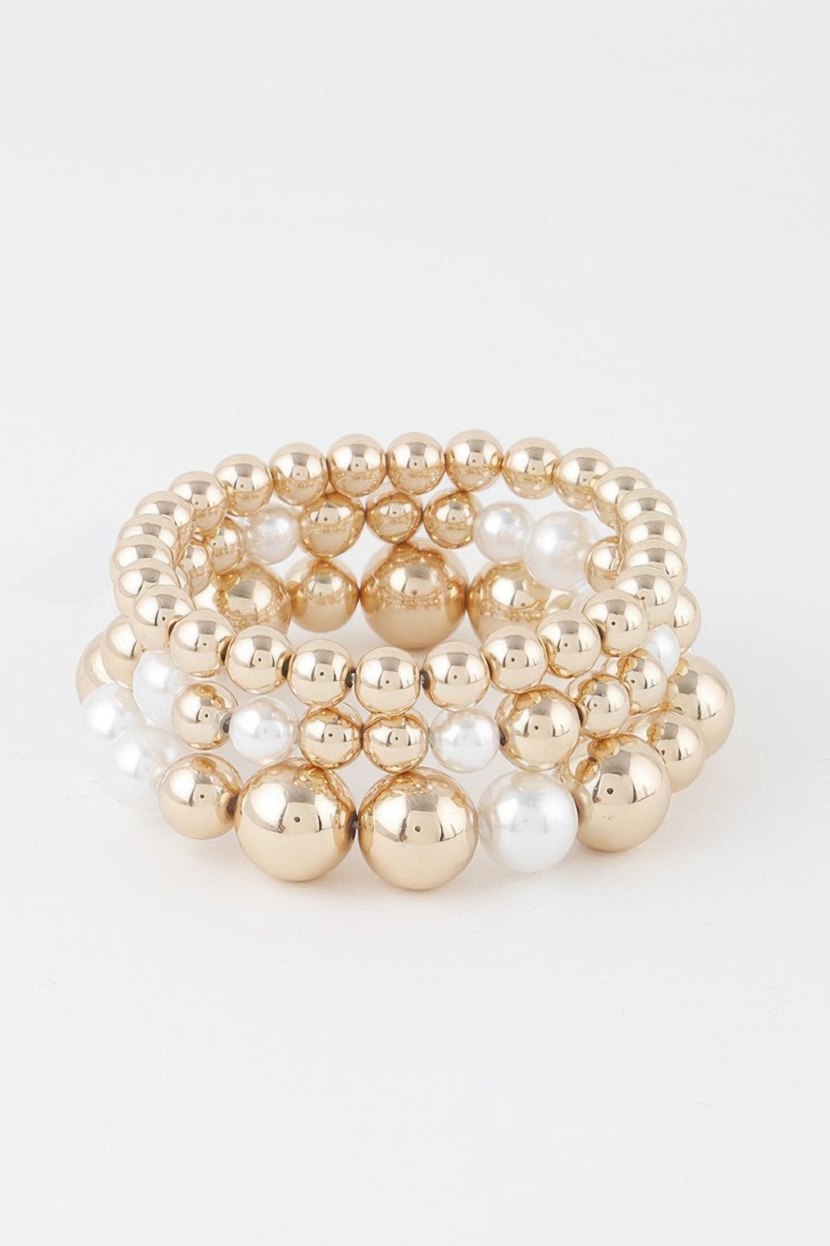 Triple Pearl Bead Stretch Bracelet in Gold cream, photo 2