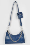 Faux Croc Shoulder Bag with Chain Strap and Mini AirPod Purse in Navy silver