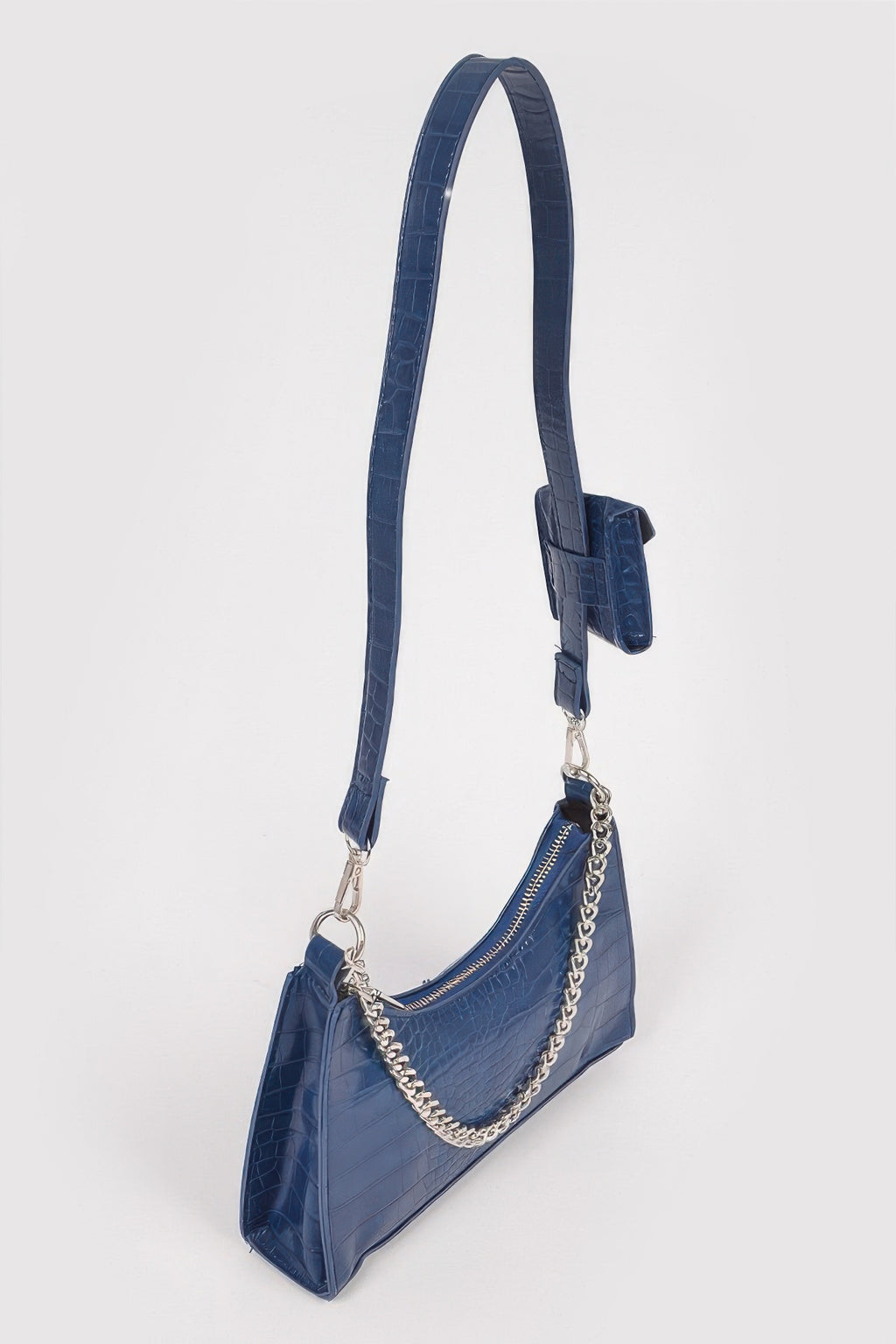 Faux Croc Shoulder Bag with Chain Strap and Mini AirPod Purse in Navy silver, photo 2