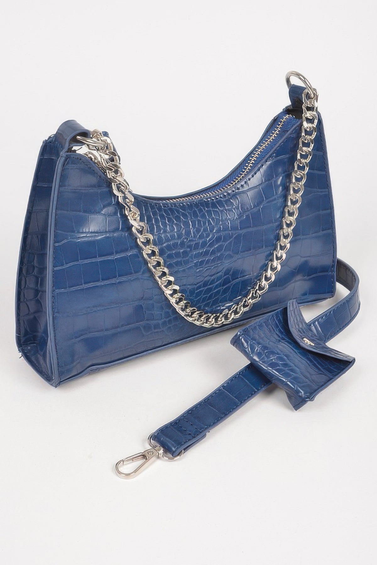 Faux Croc Shoulder Bag with Chain Strap and Mini AirPod Purse in Navy silver, photo 3