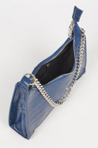 Faux Croc Shoulder Bag with Chain Strap and Mini AirPod Purse in Navy silver, photo 4