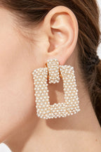 Beaded Square Frame Drop Earrings in Cream