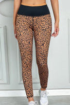Brown leopard print high waist leggings with black waistband, front view