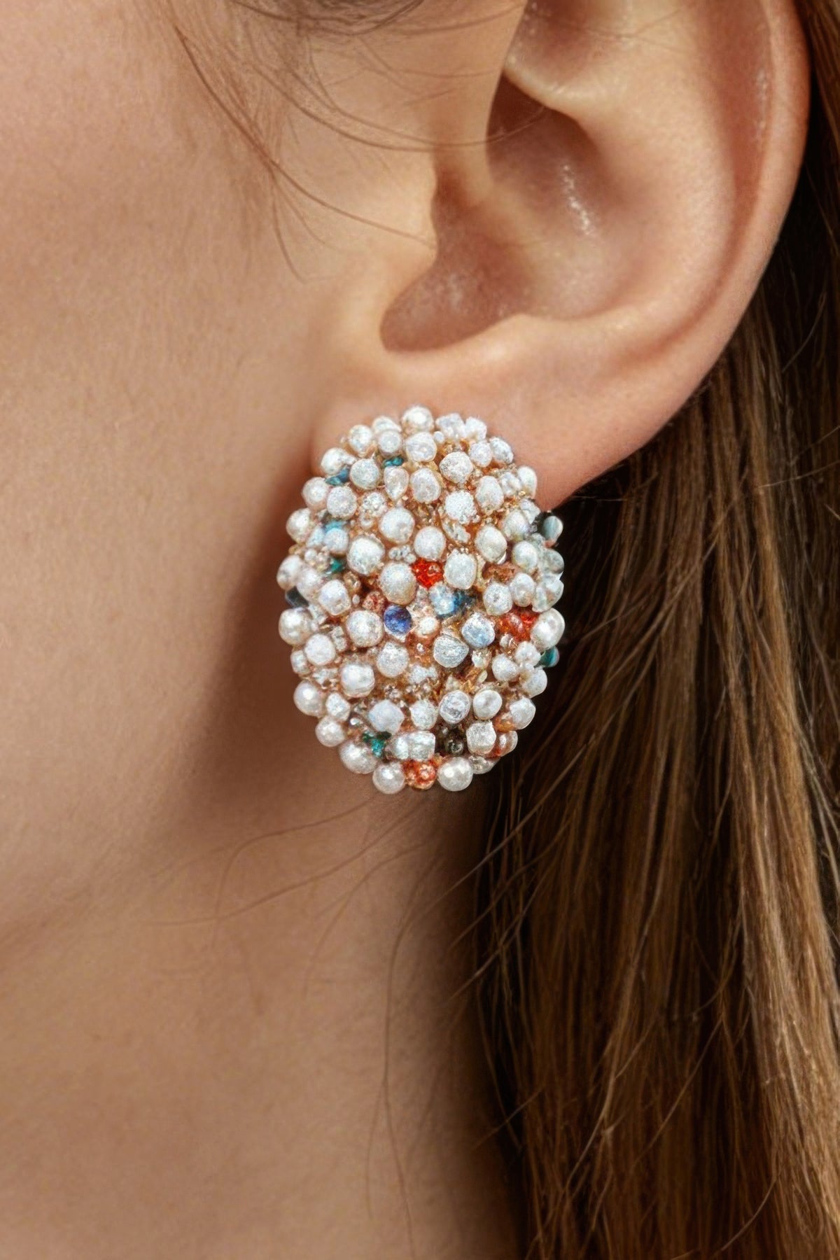 Pearl and Crystal Dome Stud Earrings in Gold multicolor
