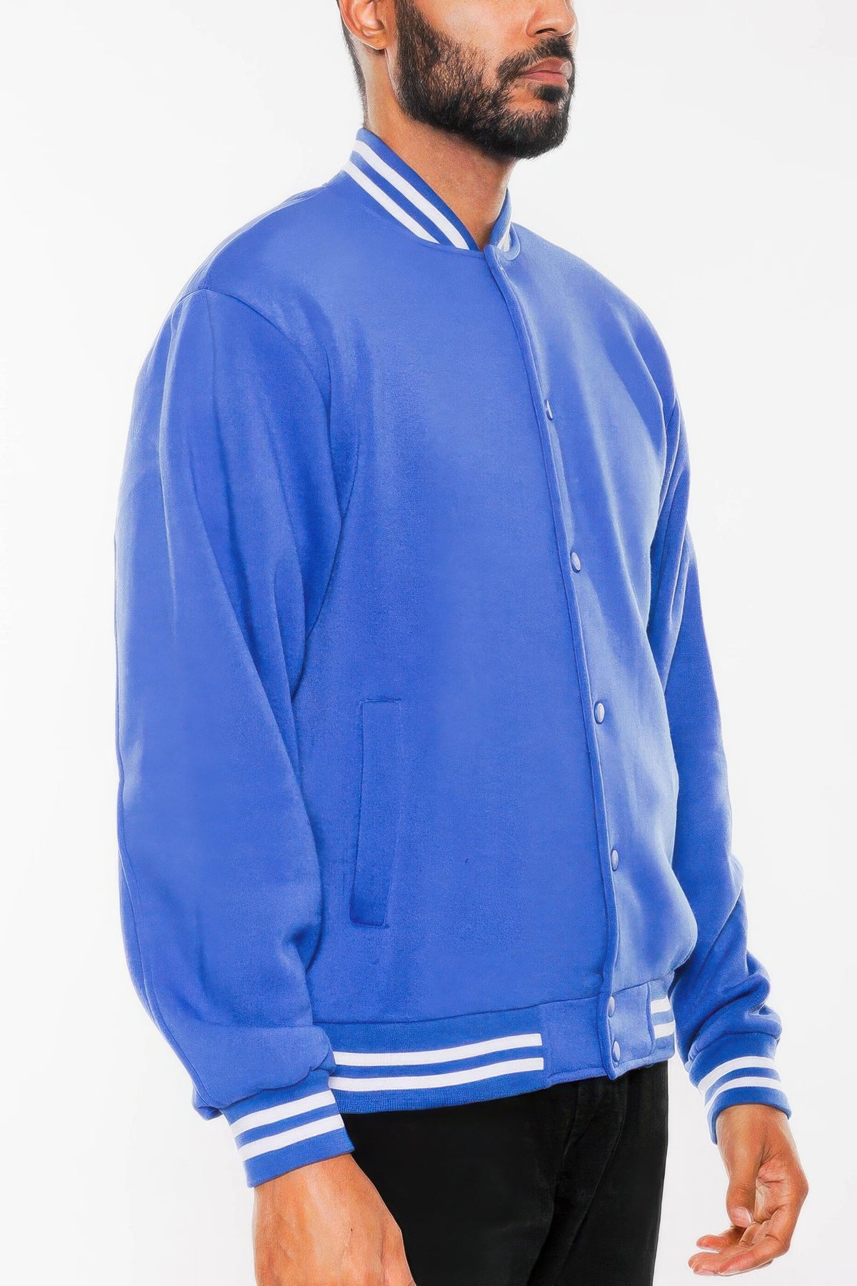 Black and grey fleece varsity jacket, front view