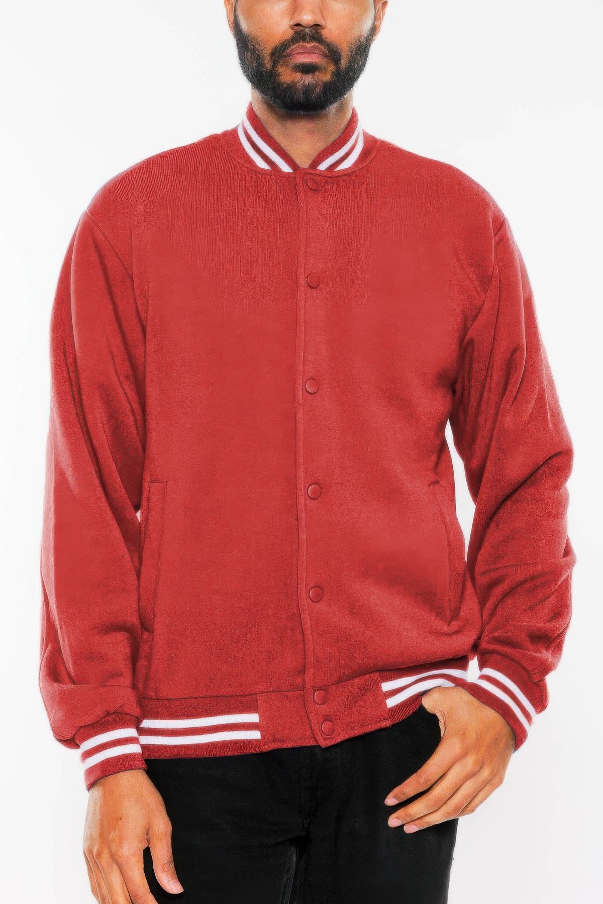 Red fleece varsity jacket, front view