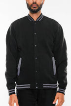 Black fleece varsity jacket with grey trim, front view