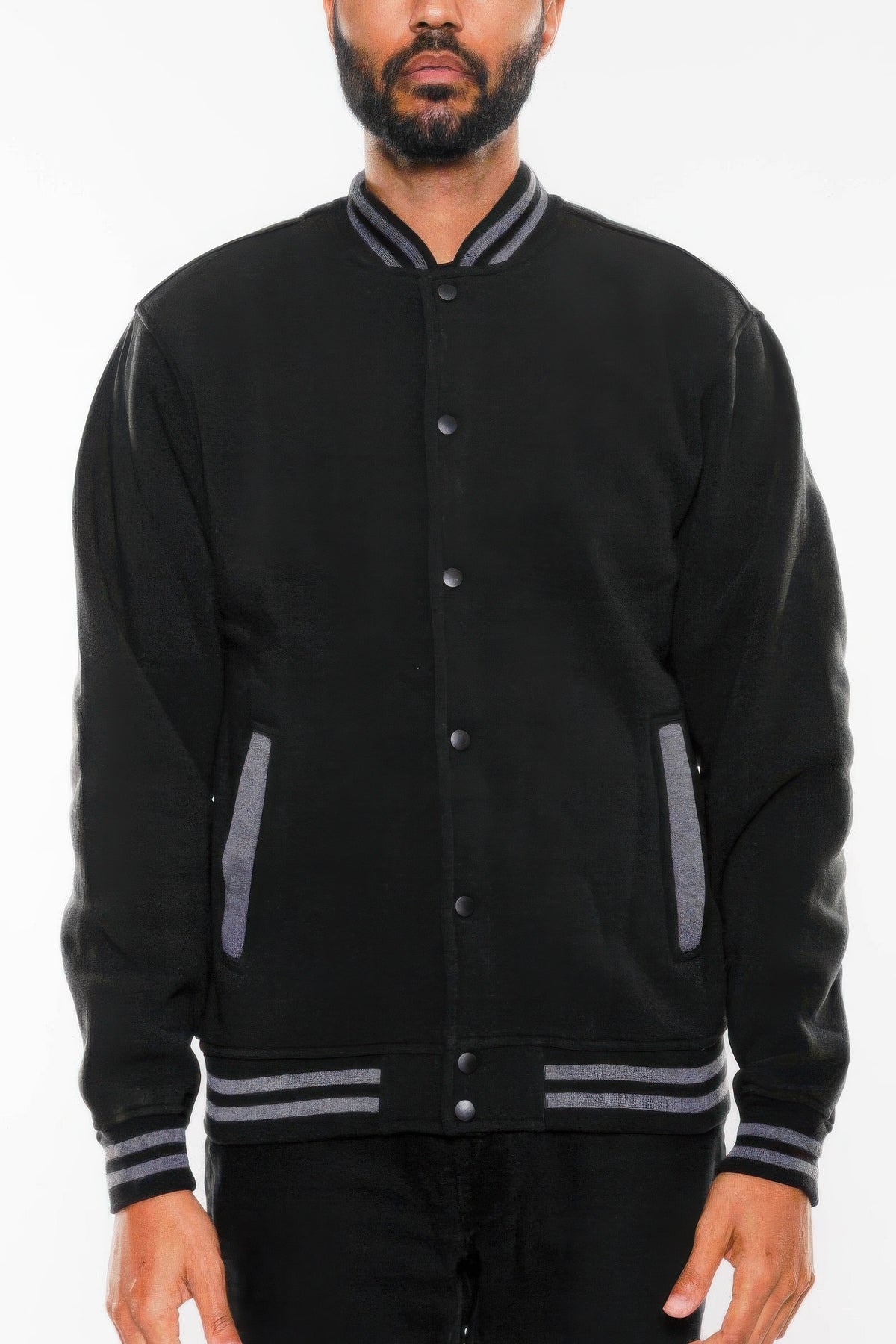 Black fleece varsity jacket with grey trim, front view