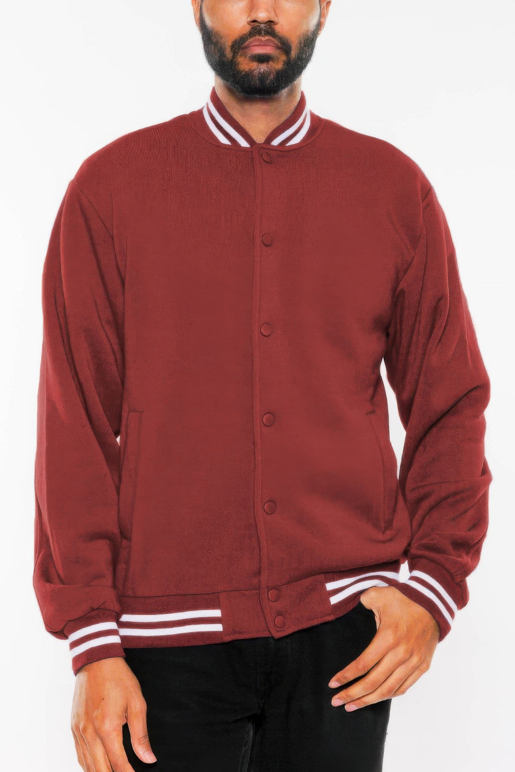 Fleece snap button varsity jacket, color option in Burgundy