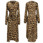 Leopard Print Wrap Midi Dress, Long Sleeve V-Neck, flat lay