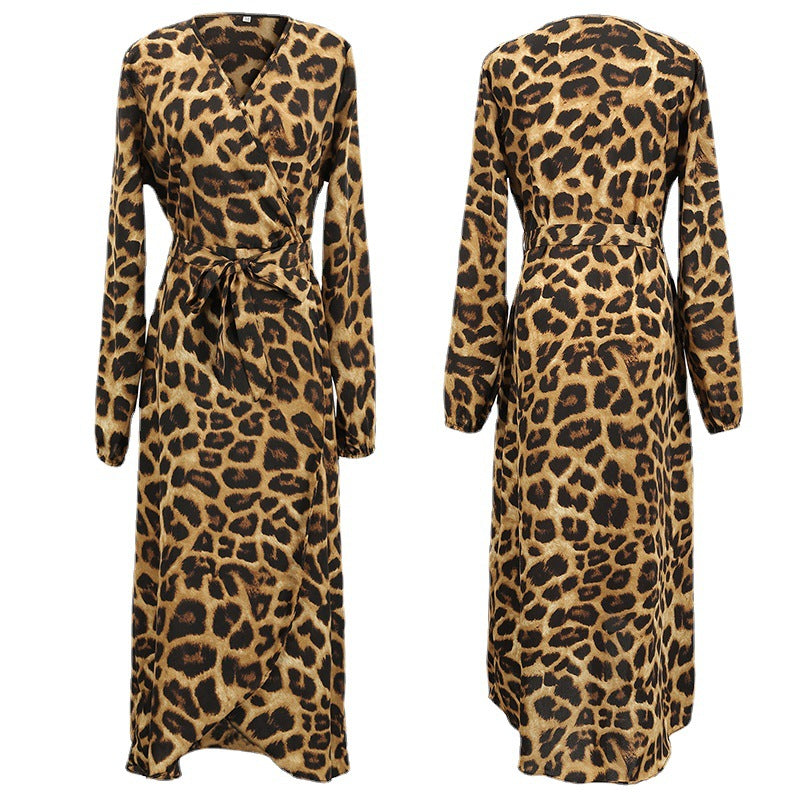 Leopard Print Wrap Midi Dress, Long Sleeve V-Neck, flat lay