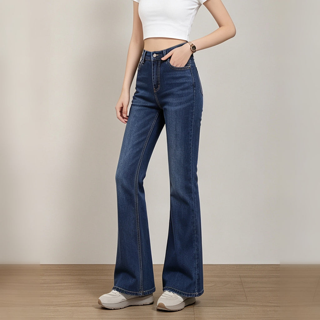 Dark indigo high waist flare jeans, three-quarter view