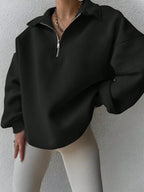 Oversized Half Zip Fleece Sweatshirt, Collared Drop Shoulder, black, front