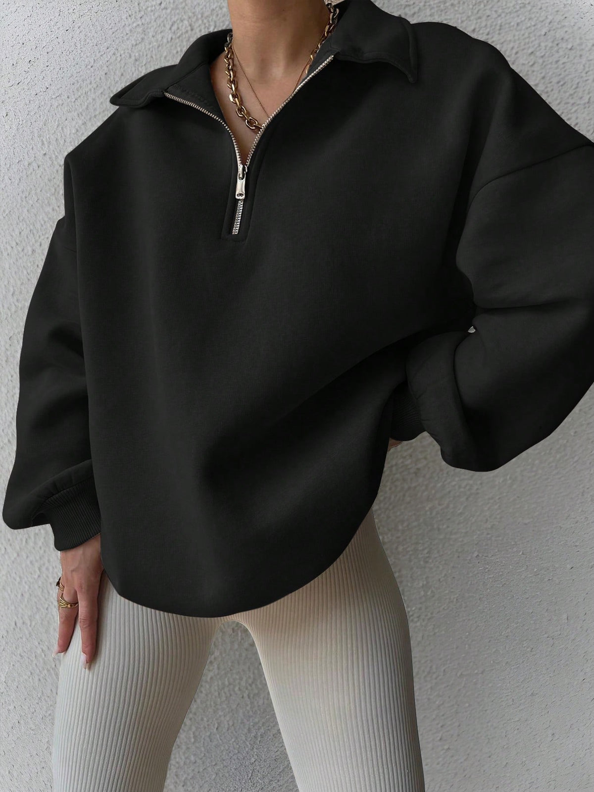 Oversized Half Zip Fleece Sweatshirt, Collared Drop Shoulder, black, front
