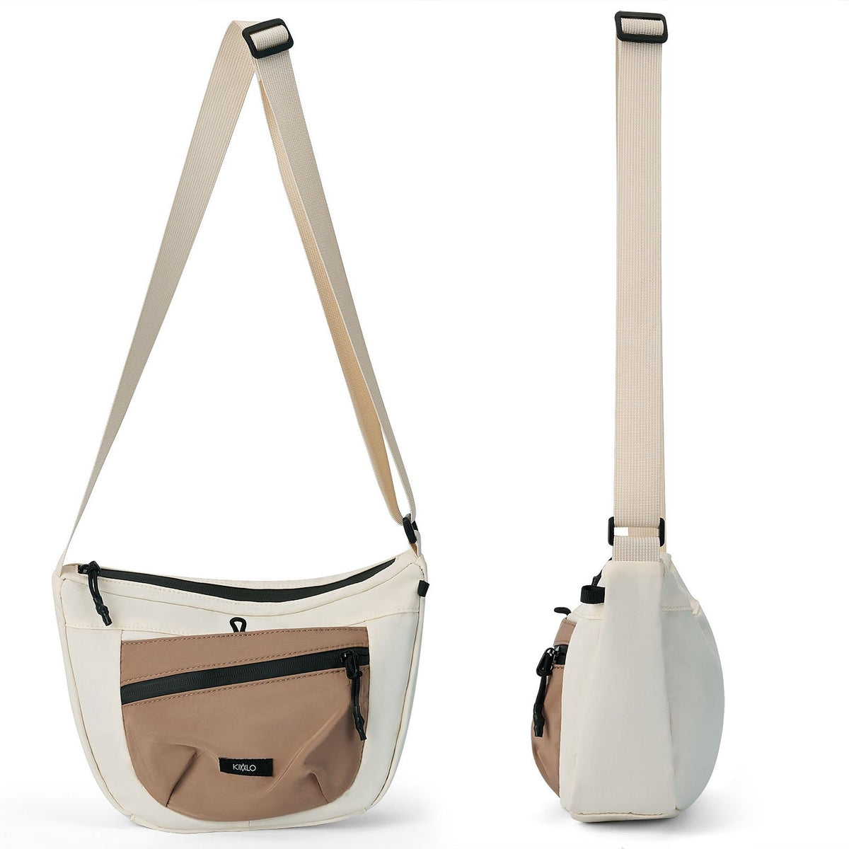 Nylon crescent crossbody bag in cream with a tan front pocket, front and side view
