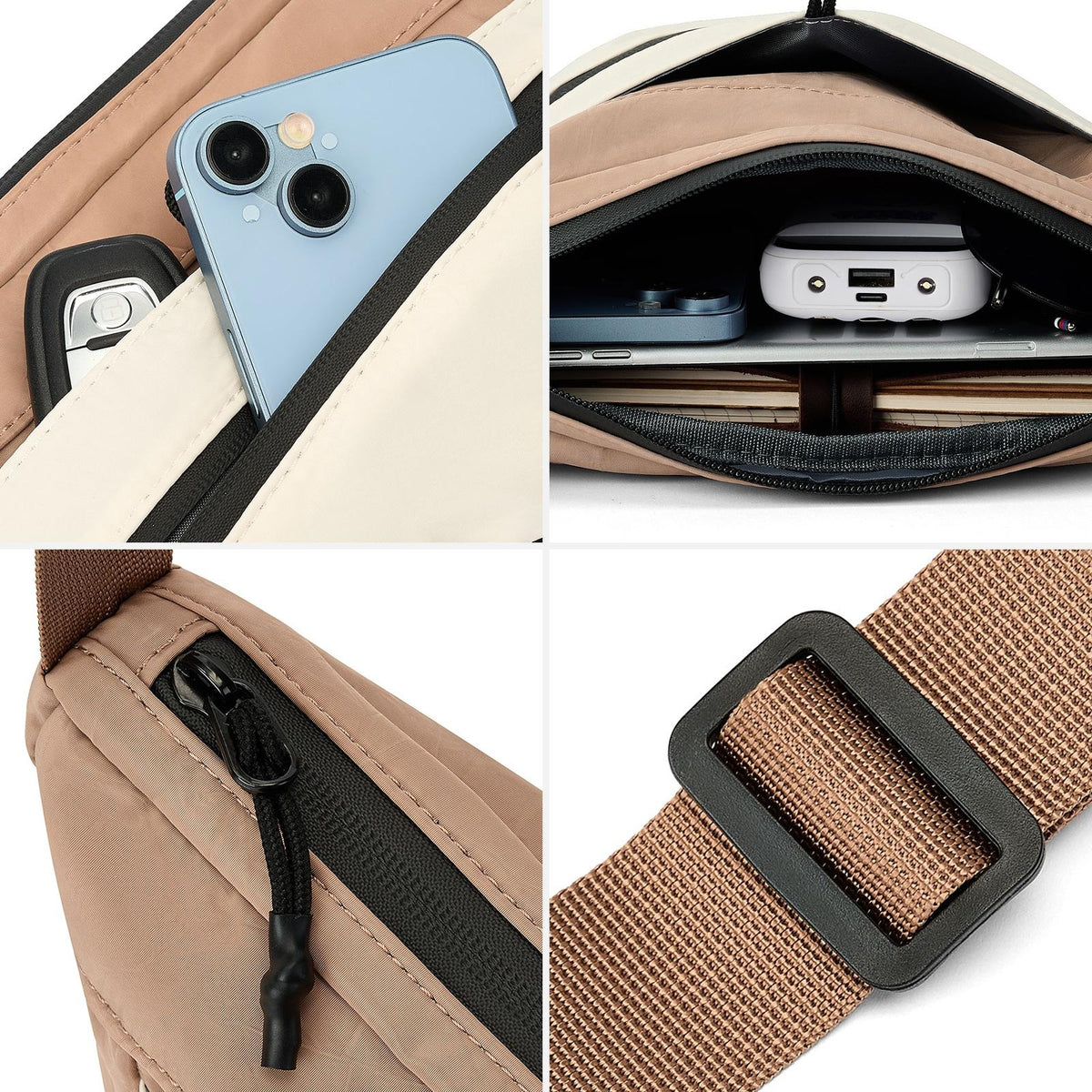 Close-up of the zipper pull, front pocket and strap buckle on the crescent crossbody bag