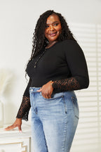 Lace Sleeve Henley Top in black on a second model, side view with lace sleeve