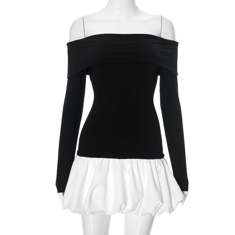 Off Shoulder Long Sleeve Bubble Mini Dress, Contrast Hem, product view