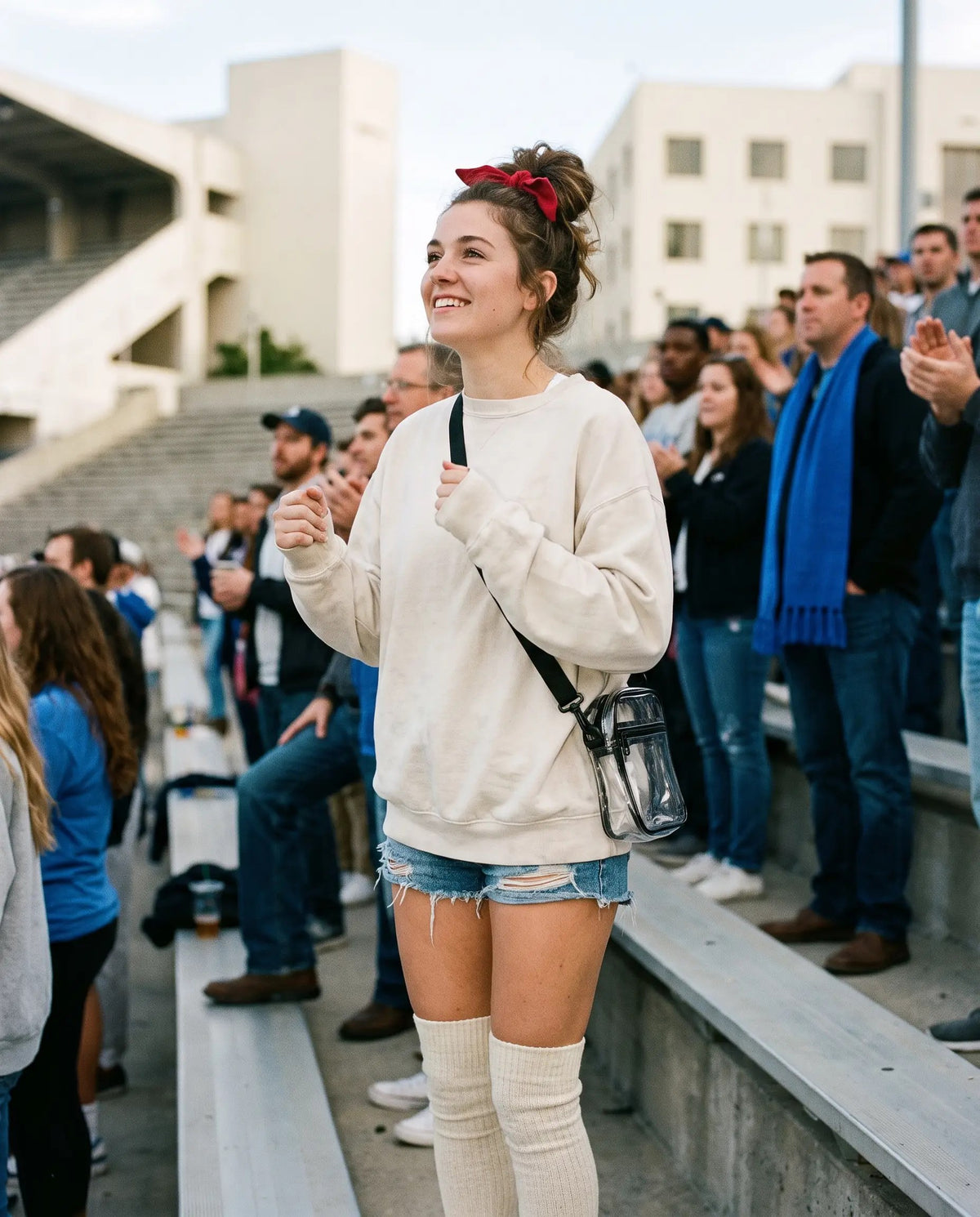 Student in the stadium stands in a cream crewneck, denim cutoffs, knee socks, red bandana and a clear stadium bag