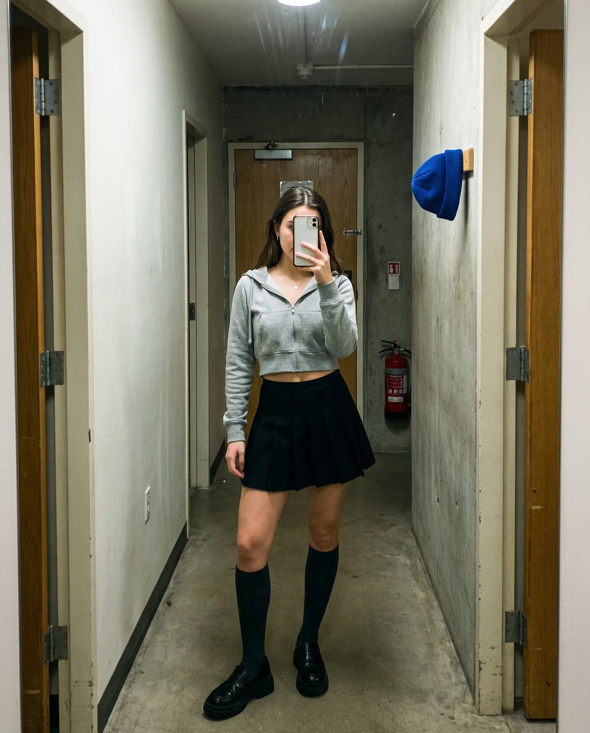 Mirror selfie in a dorm hallway: grey cropped zip hoodie, black pleated mini skirt, knee socks and loafers